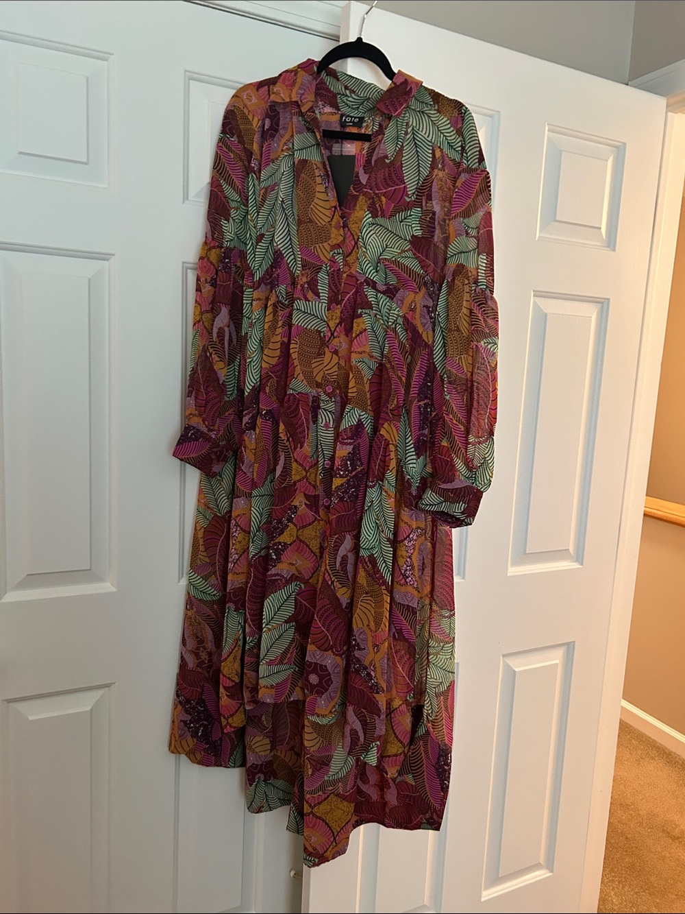 Floral Leaf Print Long Sleeve Midi Dress - Pink Multi